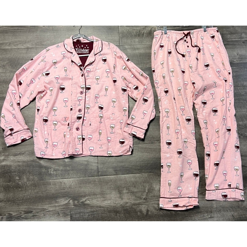 PJ Salvage Pajama Set Womens Large Wine Glass Print Pink 100% Cotton PJs